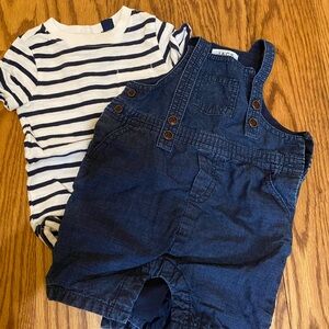 Navy Blue Overalls and Striped Shirt Set